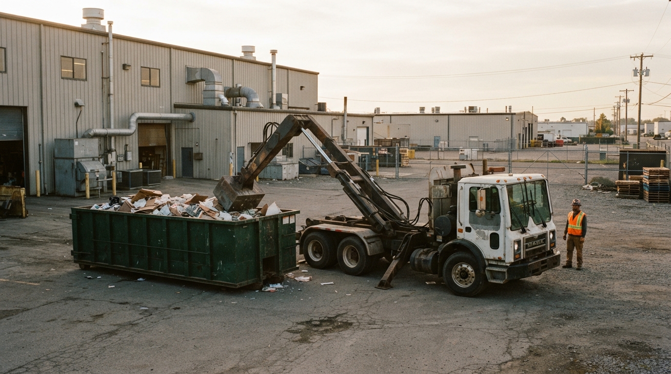 A mobile compaction truck working a roll-off container at a commercial site
