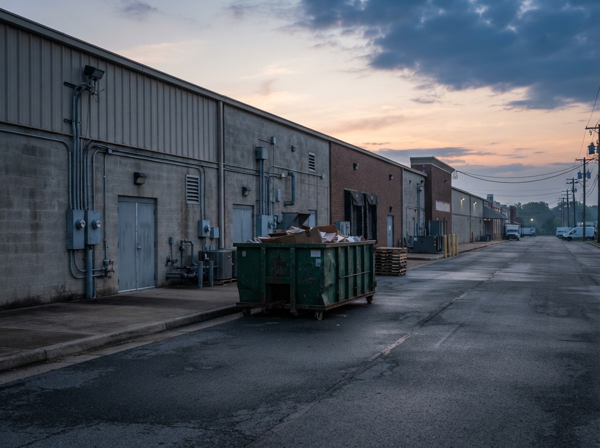 Retail plaza service corridor at dawn with a roll-off container placed neatly