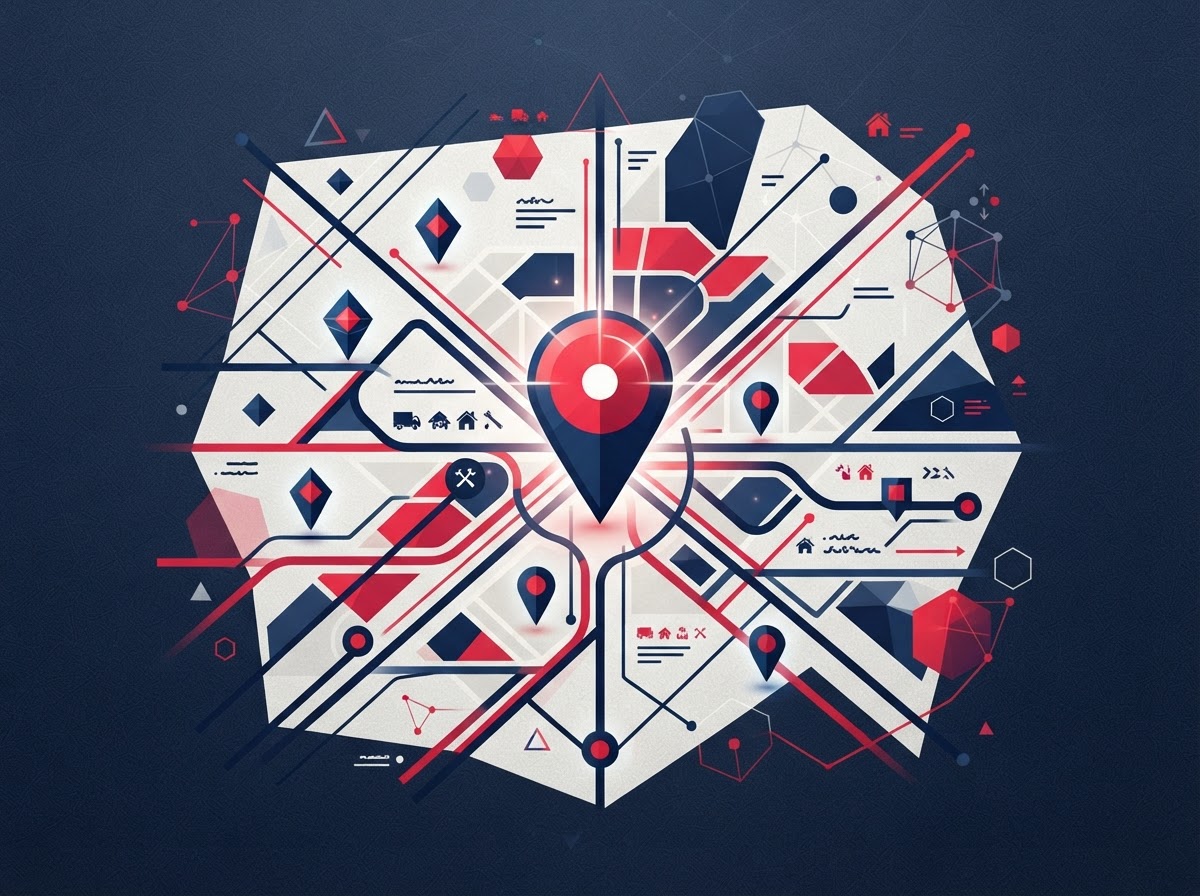 Abstract on-brand graphic representing local service with a map pin
