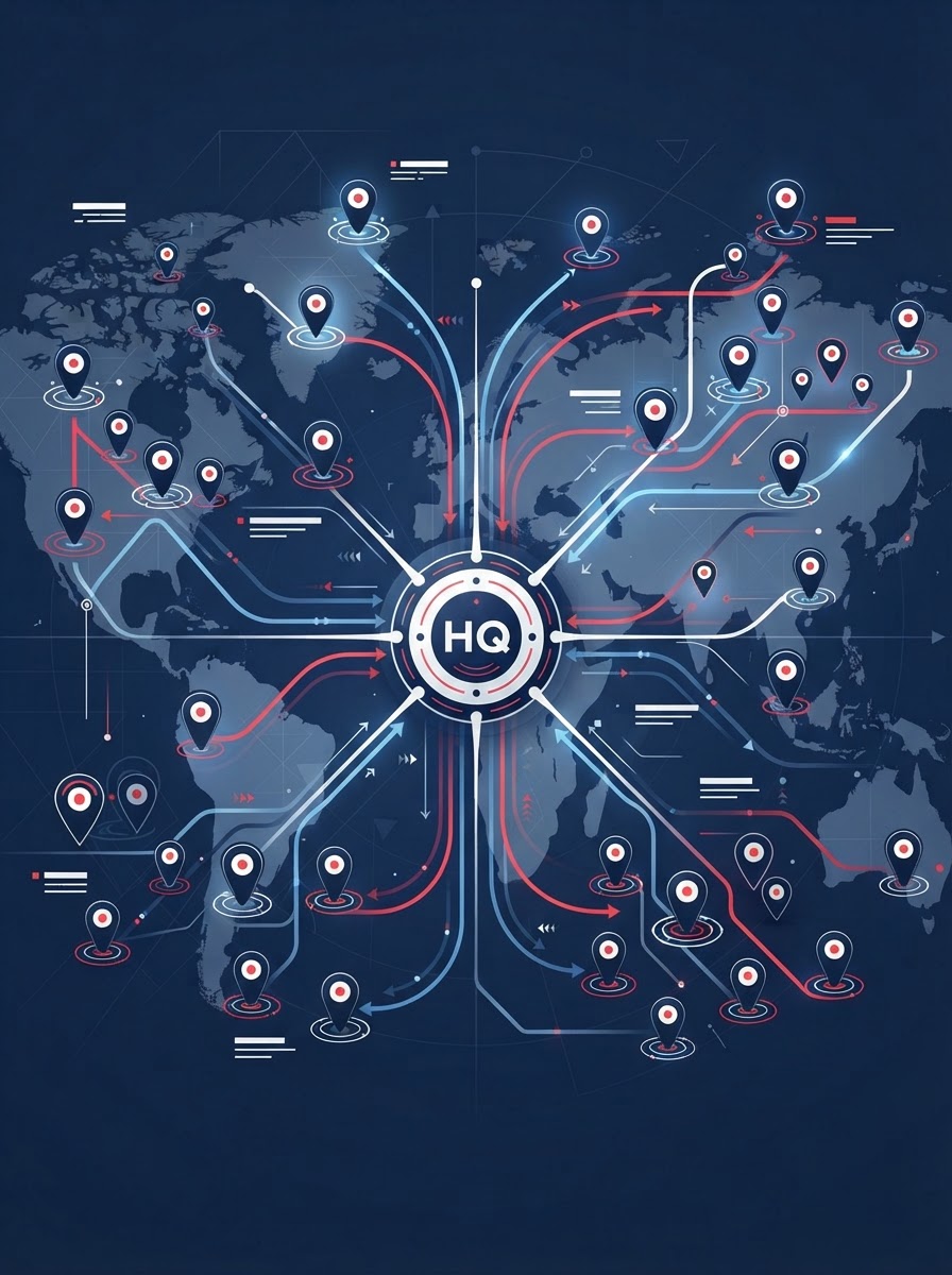 Abstract on-brand graphic representing multi-site accounts with connected location pins