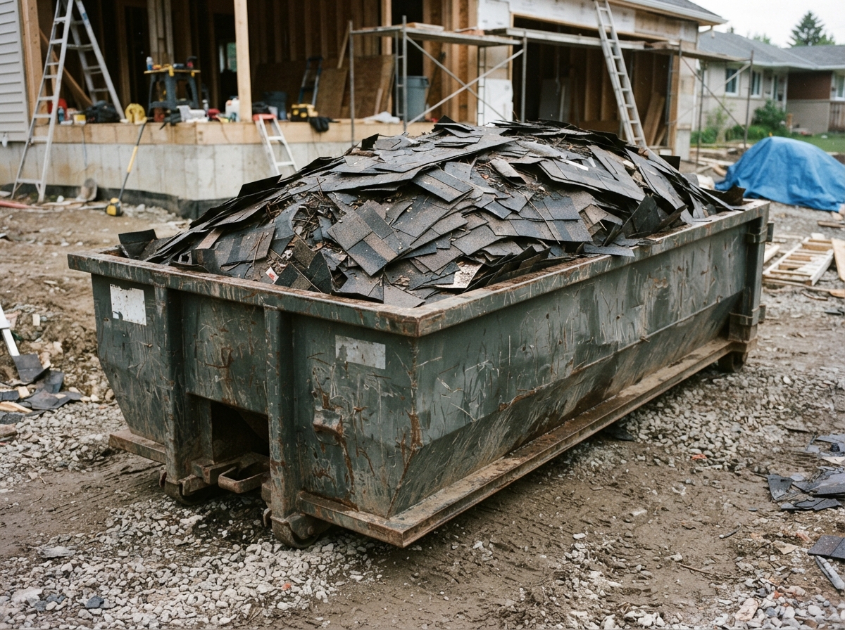 A 20-yard roll-off container sitting low and dense with asphalt shingle tear-off debris