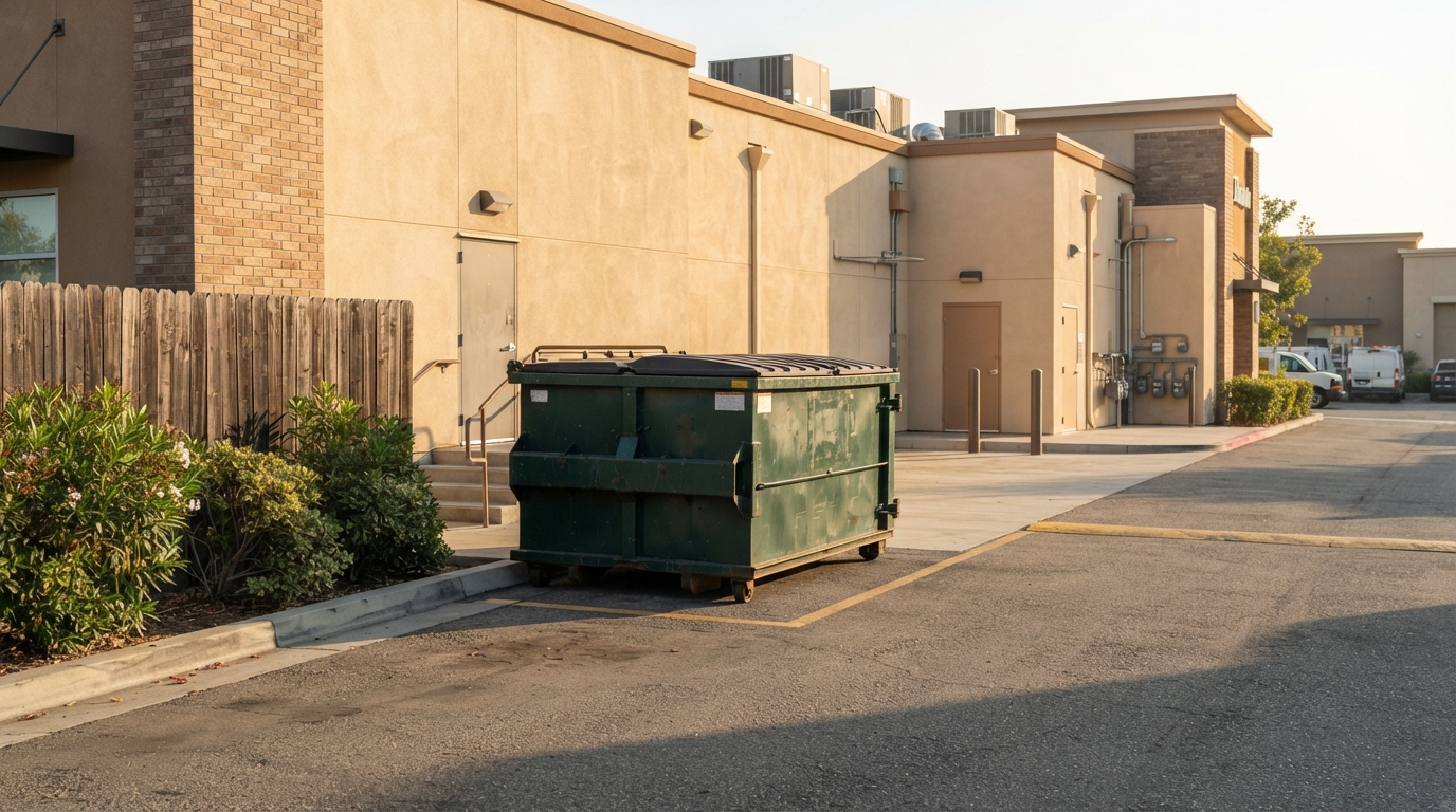 A roll-off container placed discreetly at the service side of a retail plaza in Centerville, GA