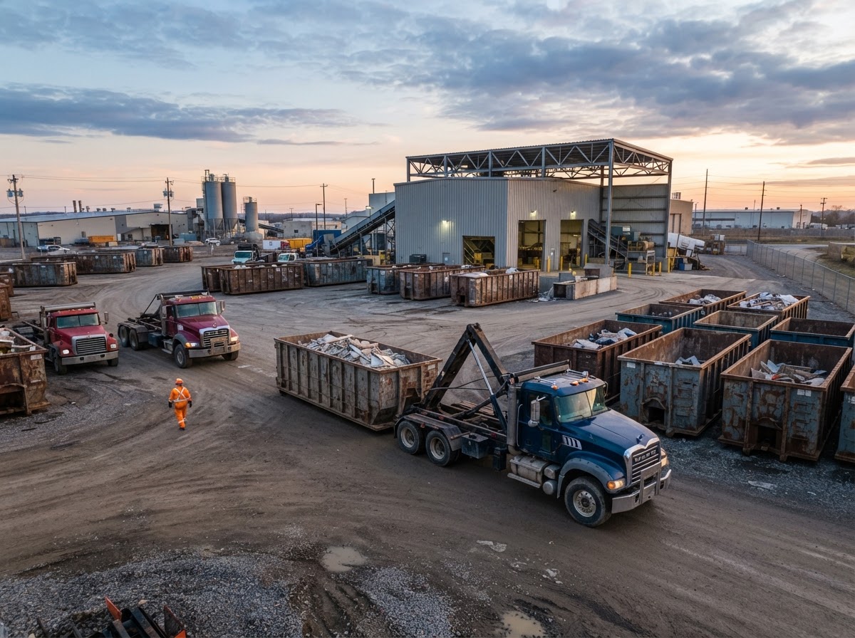 A commercial waste management yard at dawn with roll-off trucks and containers staged