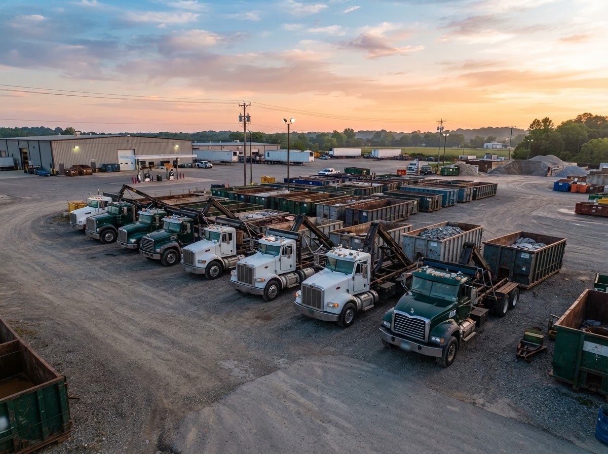 Multi-site contractor yard at dawn with trucks staged for the day