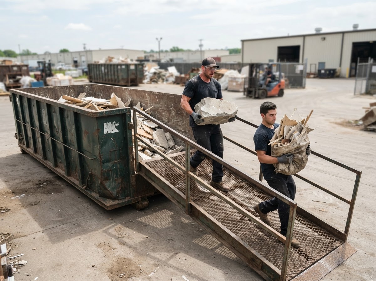 Staff hand-carrying debris up a container ramp into a roll-off dumpster