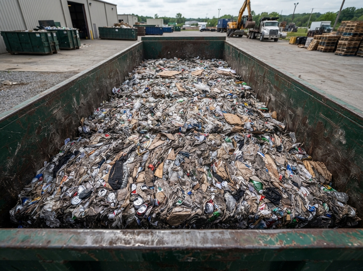 Dense compacted load in an industrial container, contents level and packed