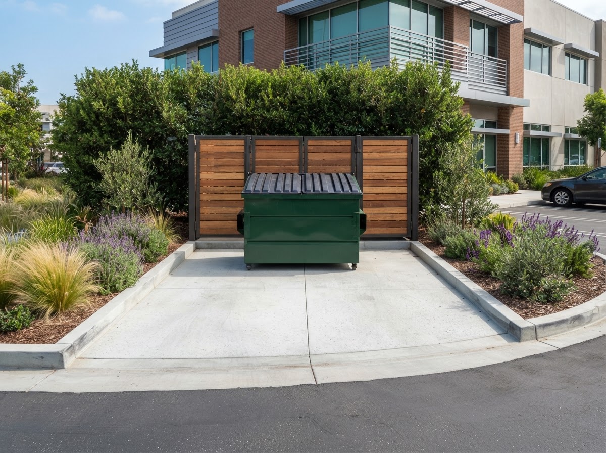 A tidy dumpster container pad at a commercial property, presentable and swept clean