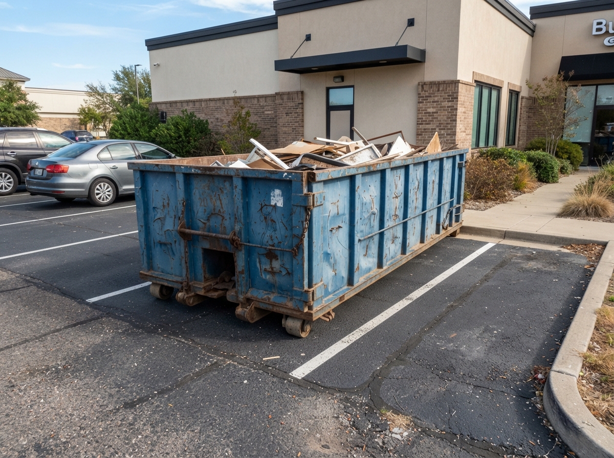 20-yard roll-off container on a compact striped parking lot
