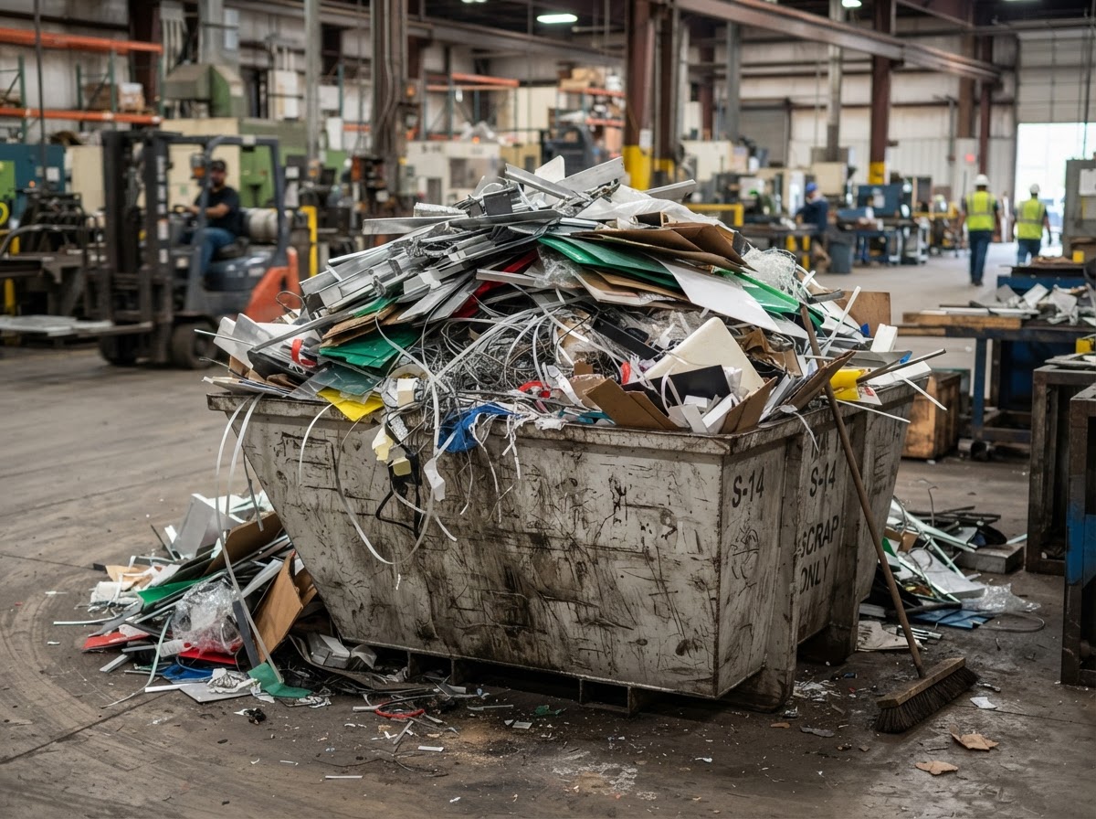 Plant-floor scrap bin overflowing with production offcuts and packaging waste