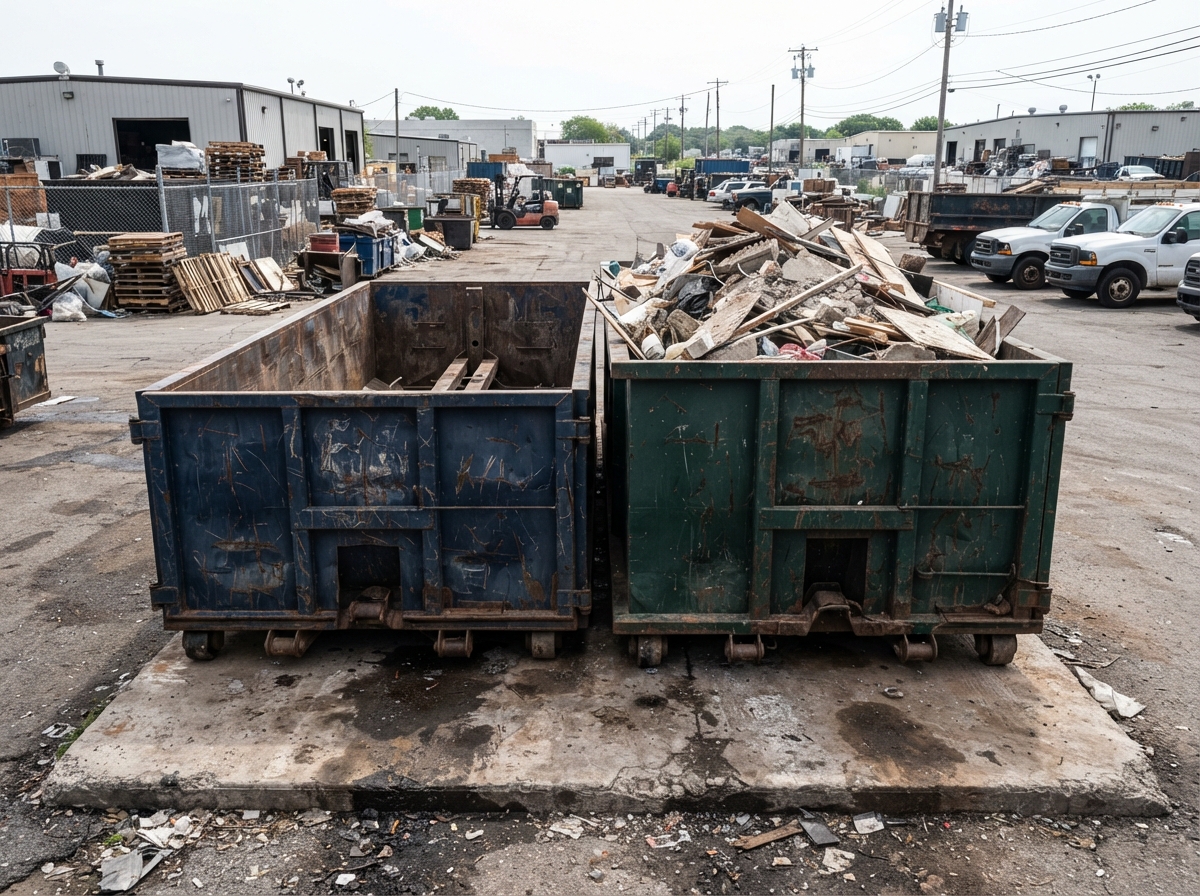 Second roll-off container squeezed onto the same pad next to a full one