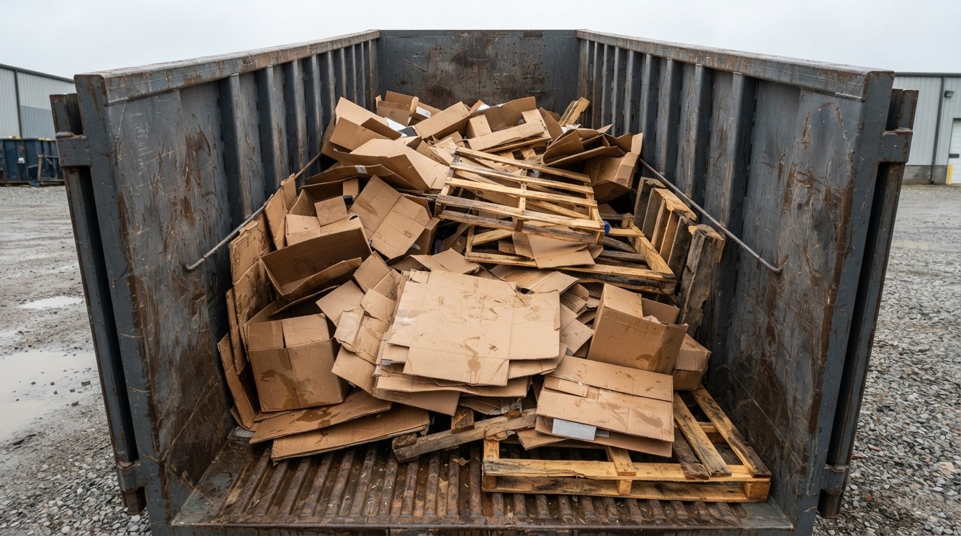 Loose cardboard and pallets leaving air gaps inside a roll-off container
