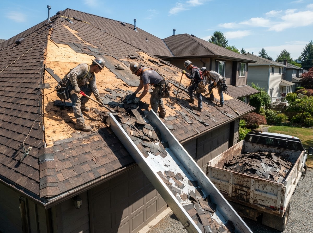 A steep residential-style roof with a crew shovelling tear-off shingles into a chute
