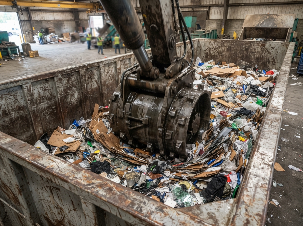 Compaction drum descending into a mixed commercial load shot from the container rim