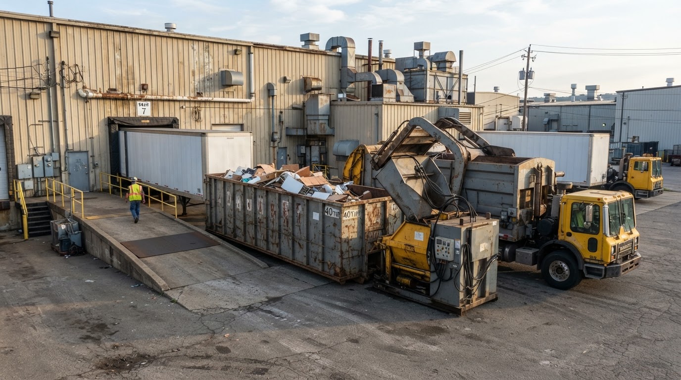 40-yard roll-off dumpster container at a warehouse loading dock with a mobile compaction truck alongside