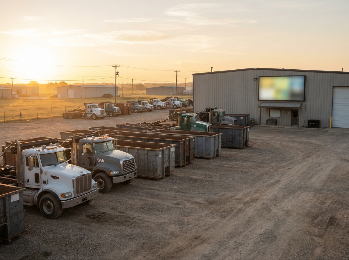 Commercial waste dispatch yard at early morning with trucks staged for the day