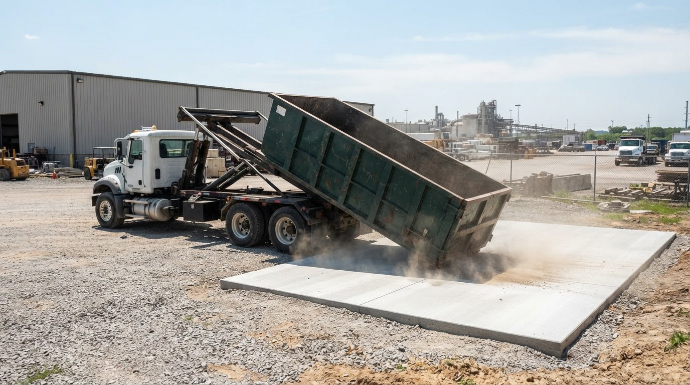 A roll-off container being set down onto a prepared commercial pad by a truck, dust rising, midday