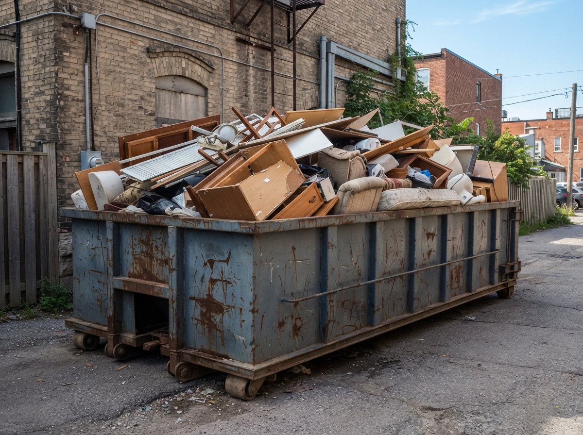 Bulky cleanout material — furniture and fixtures — loaded in a roll-off container in west Bibb County
