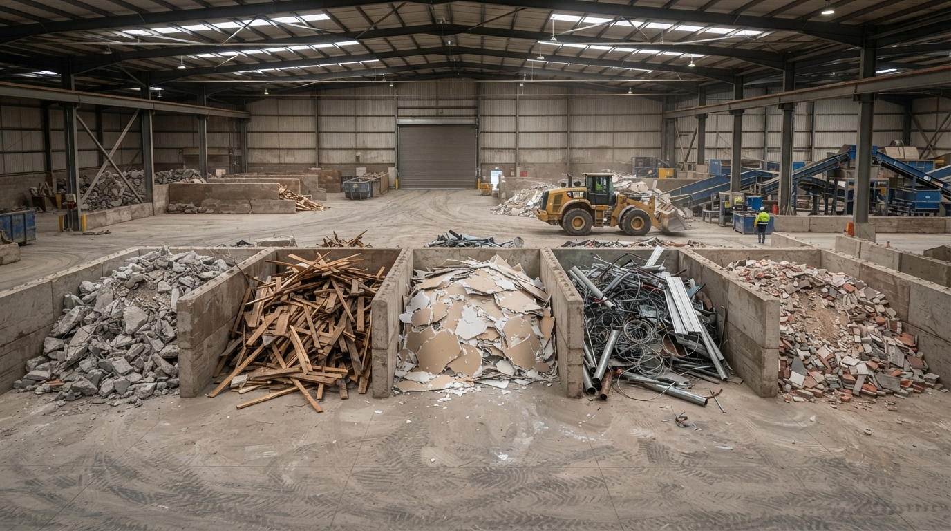 Assorted demolition waste materials — broken concrete, wood, drywall, metal, masonry — neatly separated on a warehouse floor