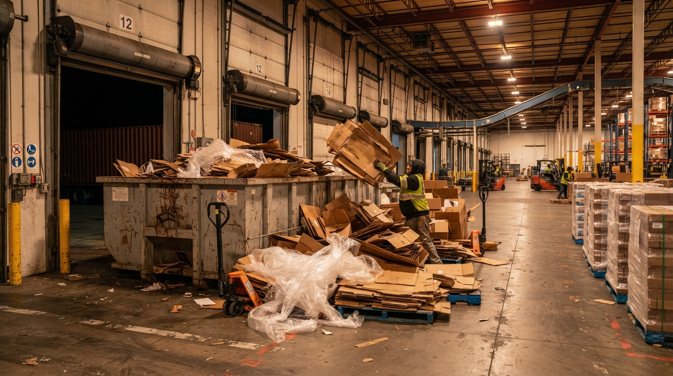 A distribution dock with corrugate and stretch wrap accumulating near a roll-off container
