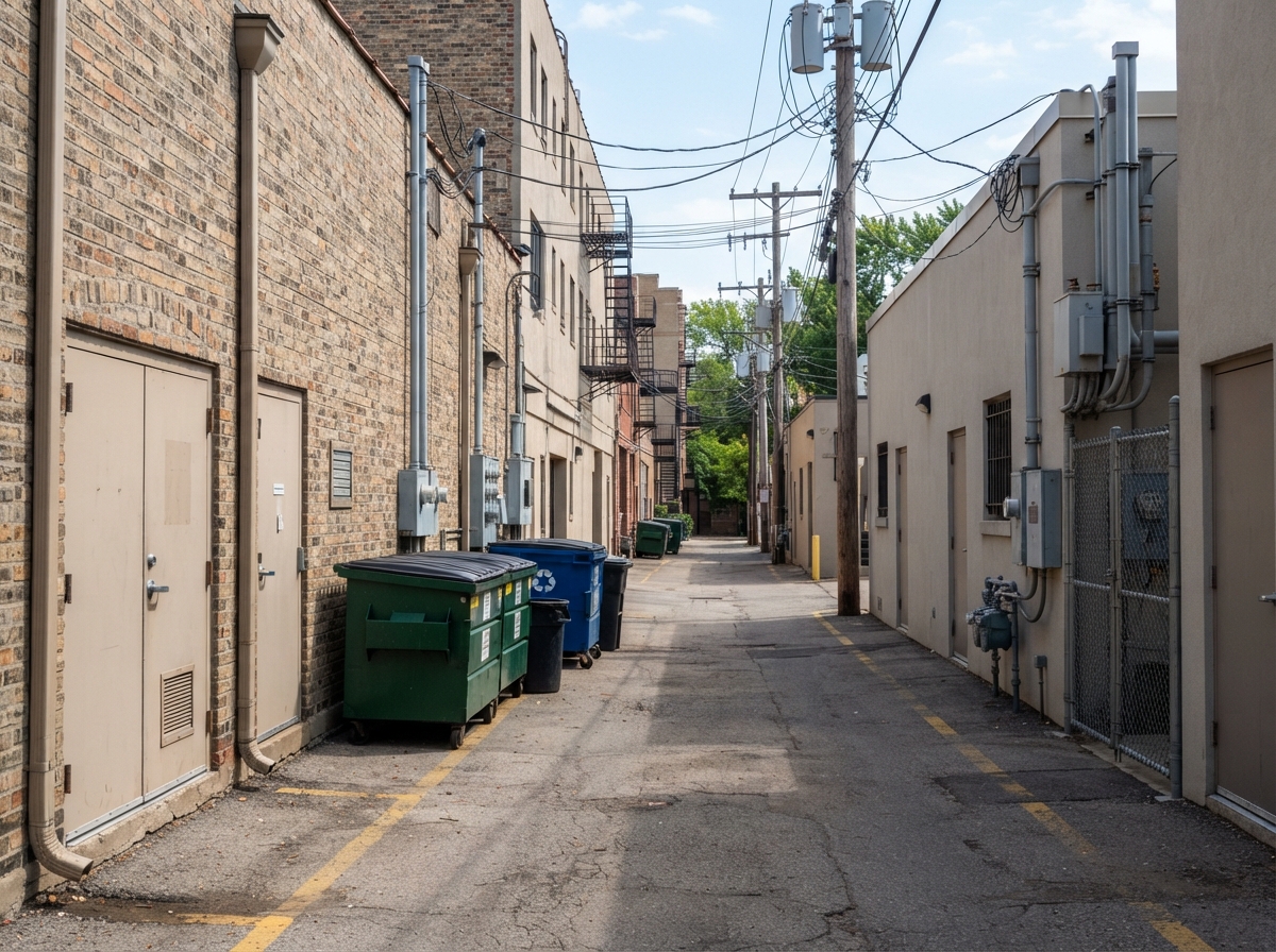 A shopping plaza service alley behind the storefronts