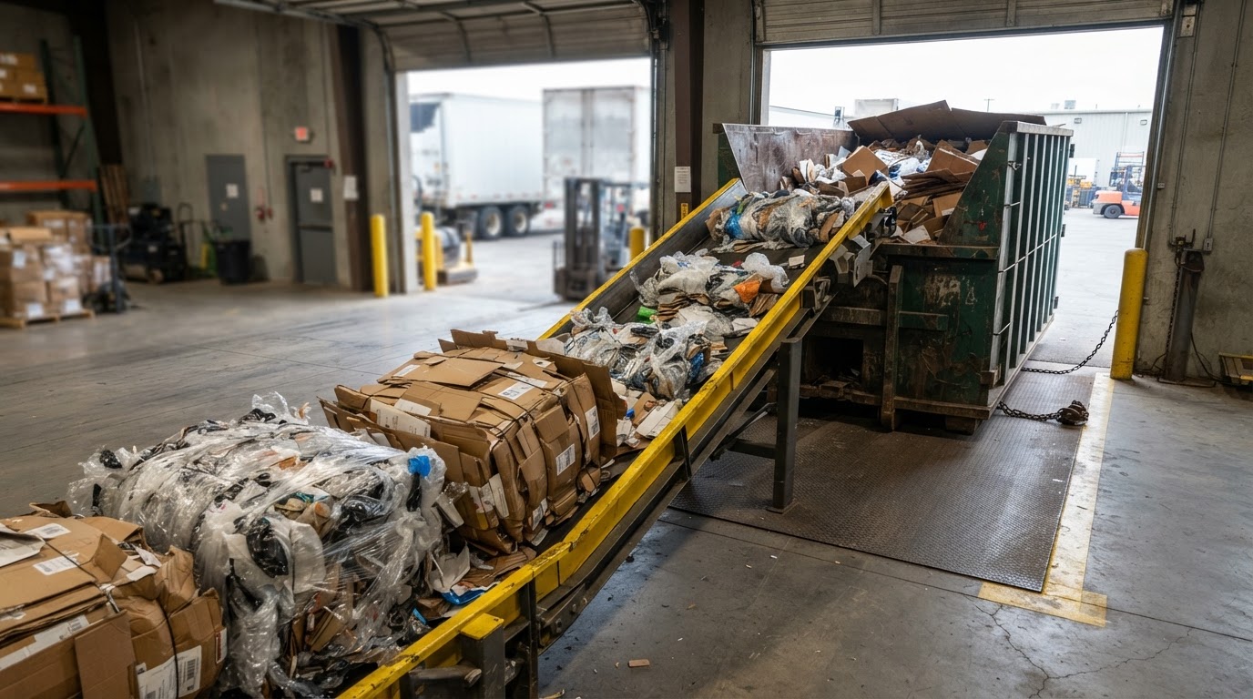 Pallet wrap and cardboard waste stream heading to a roll-off container at a warehouse dock