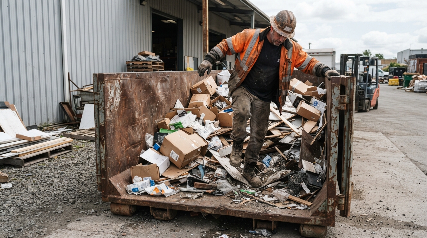Someone climbing into a roll-off dumpster to stomp down loose waste, unsafe workaround at a commercial site