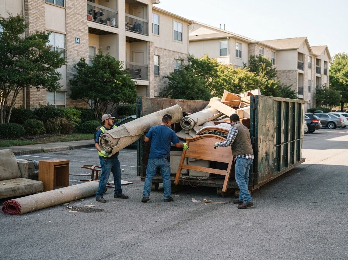 A turn crew loading furniture and carpet into a roll-off dumpster container at a managed property