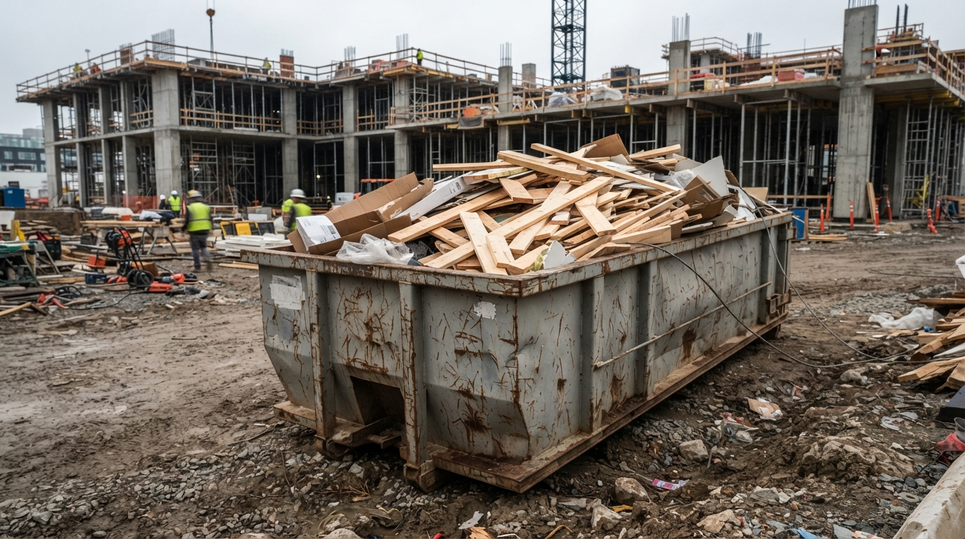 A jobsite roll-off container mid-phase filled with loose framing offcuts and packaging material