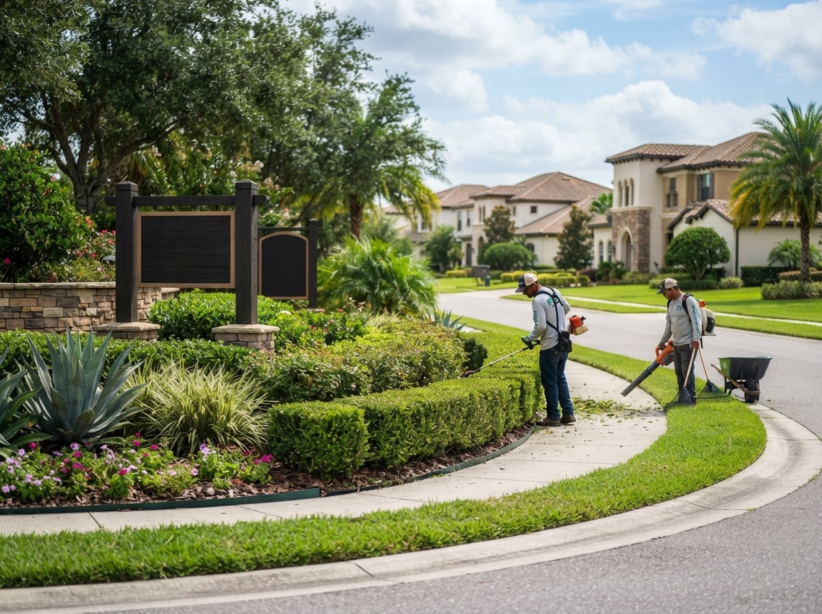 An HOA common area with landscaping crews working