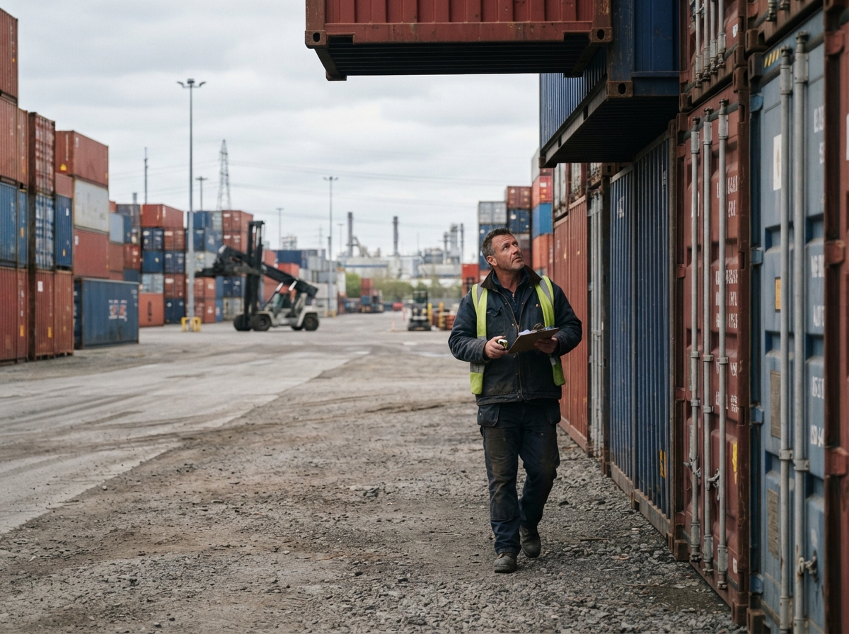 Driver walking a container pad checking clearance at a commercial site