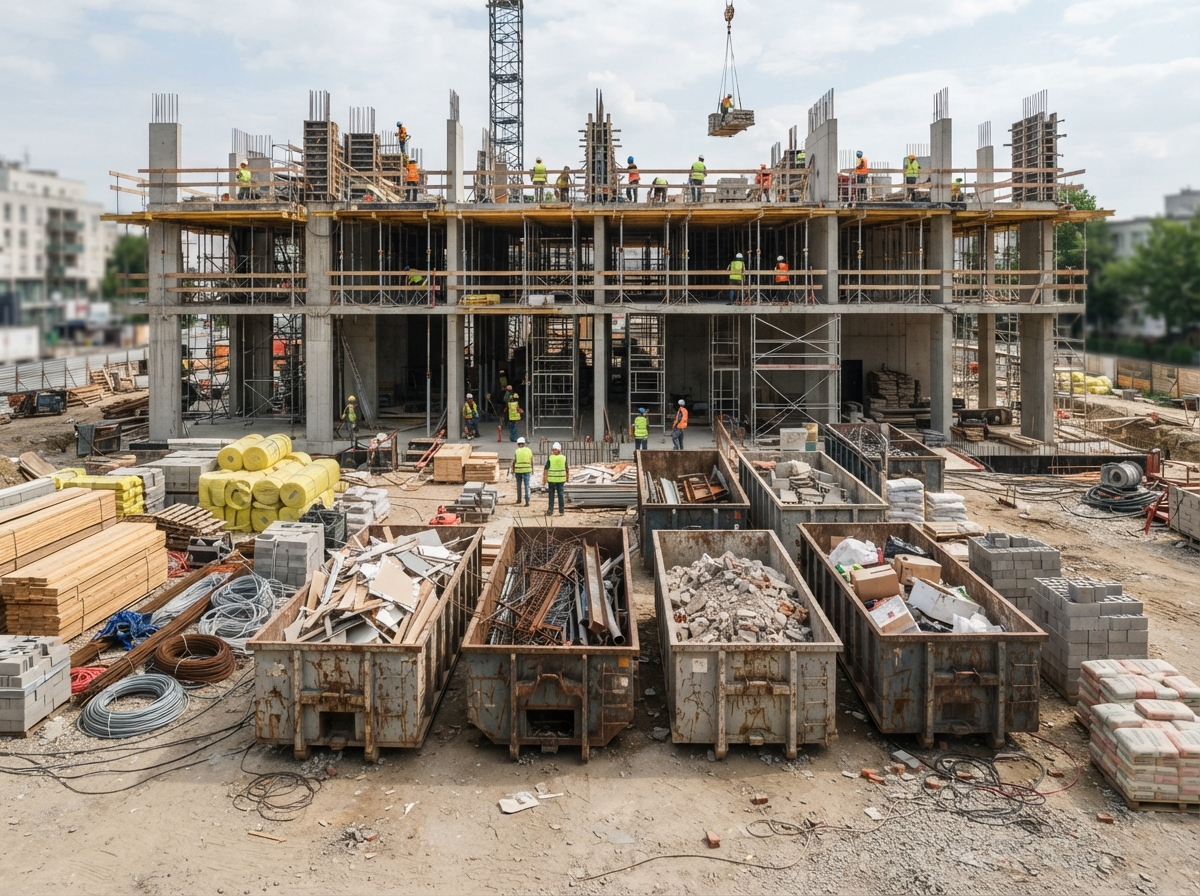 Construction site with roll-off containers and building materials for a plant expansion