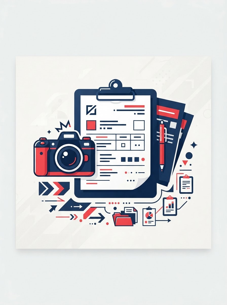 Abstract on-brand graphic representing documentation with a camera and clipboard