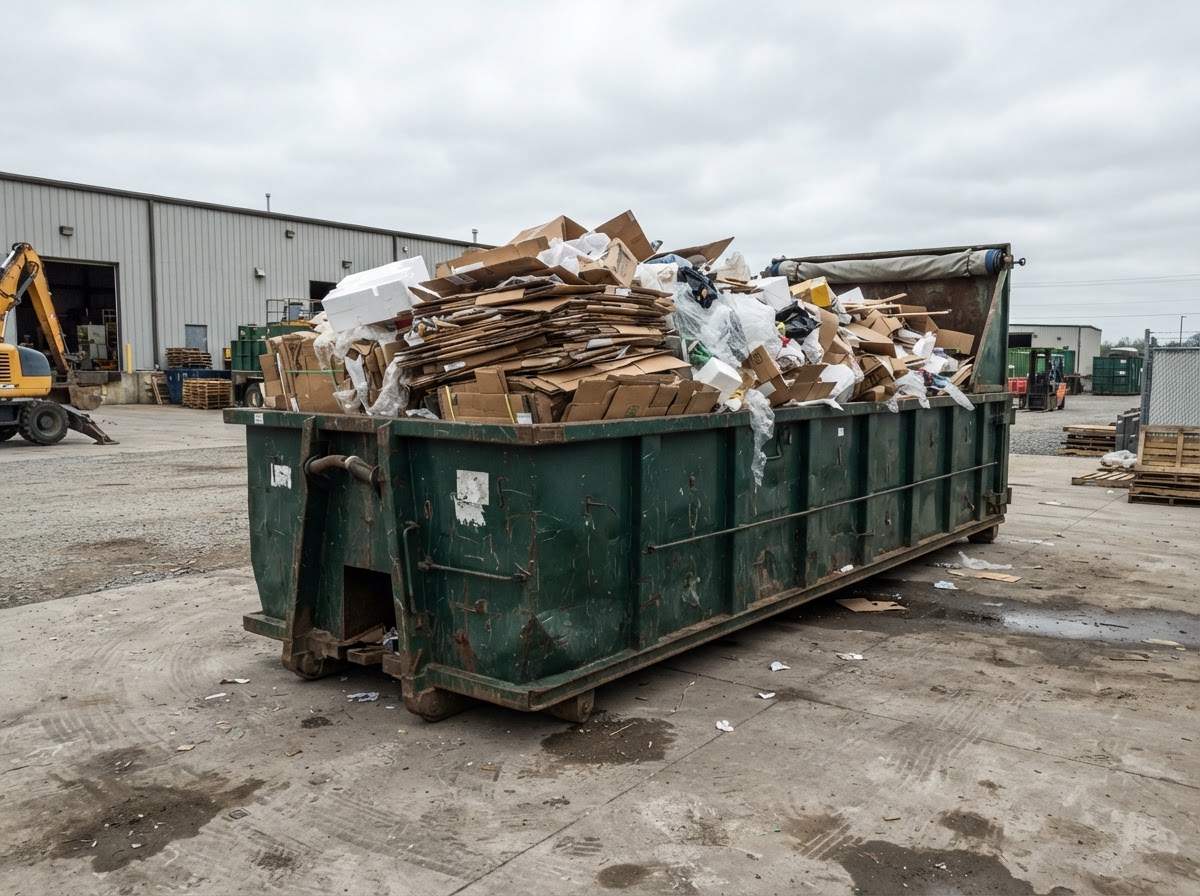 A 40-yard roll-off dumpster container on an open pad with bulky packaging heaped above the rail line