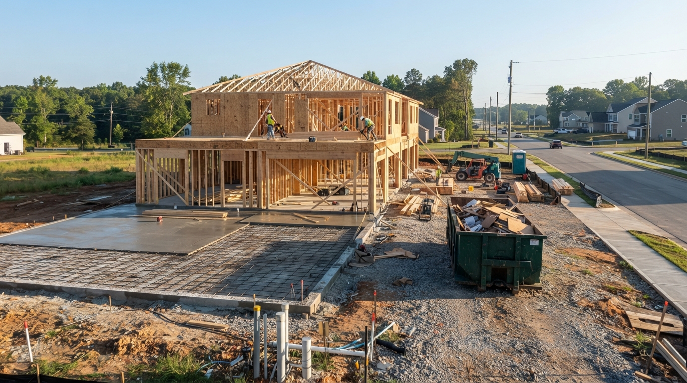 New commercial slab and framing in a growing South Bibb County suburban corridor