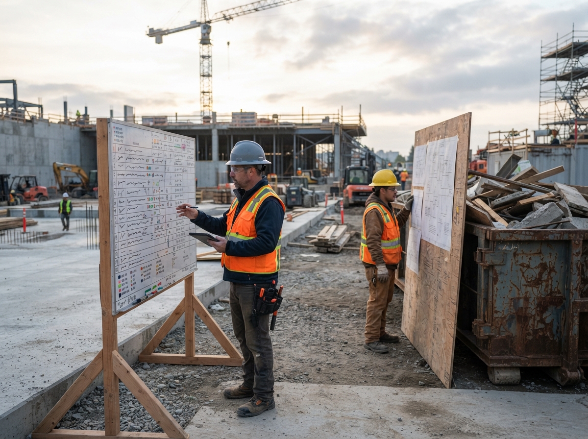 A superintendent looking at a schedule board beside a container pad