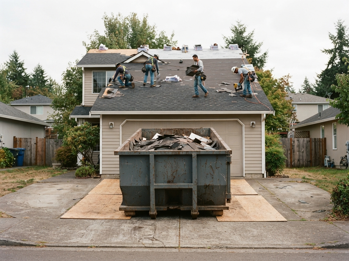 A roll-off container sitting on a driveway with plywood protection boards under the rails while a roofing crew works on the roof above