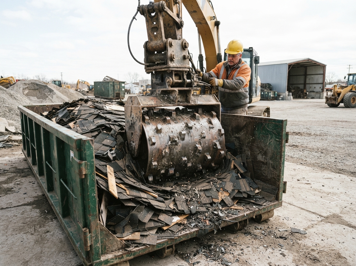 A compaction drum working a roll-off container of dense shingle debris at a commercial site with an operator inspecting
