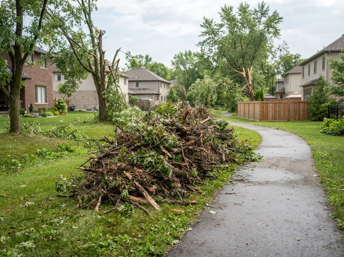 Storm debris gathered in a common area of a residential property