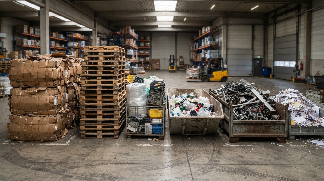 Assorted commercial waste materials neatly separated on a warehouse floor