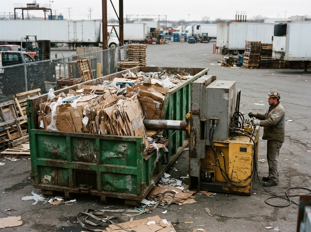 Compaction unit working a container of pallet wrap and corrugate at a transport yard on the I-16 corridor