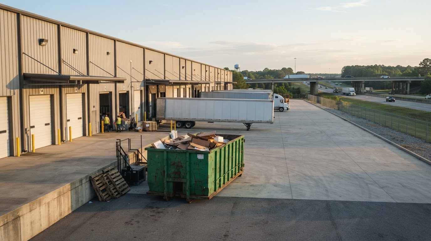 A roll-off container at a distribution warehouse near a highway interchange in Byron, GA