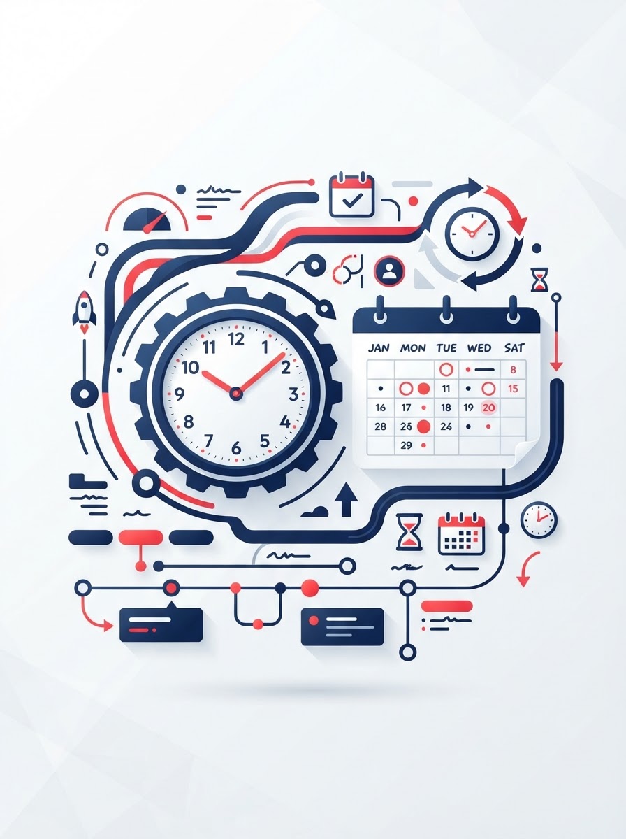 Abstract on-brand graphic representing scheduling with clock and calendar elements