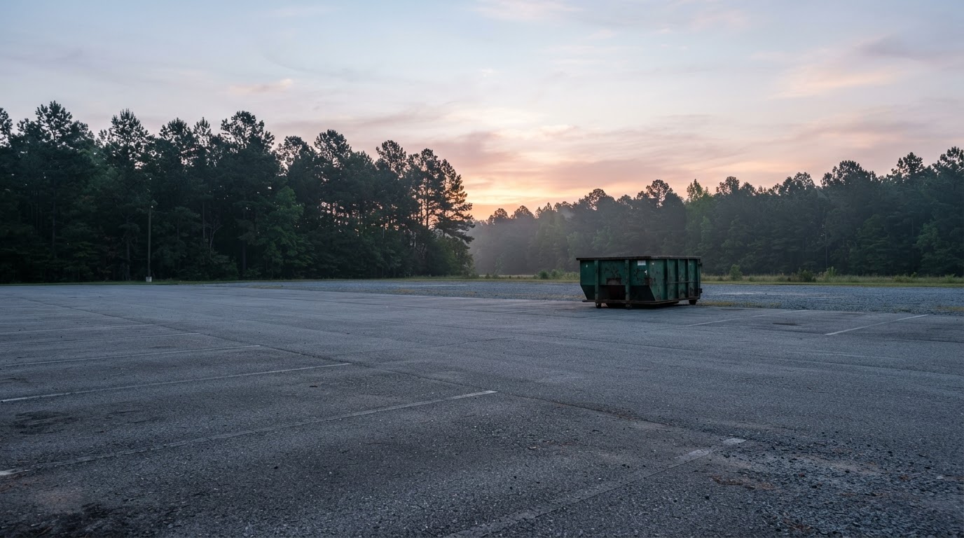 An empty paved commercial lot at dawn with a single roll-off container at the far edge