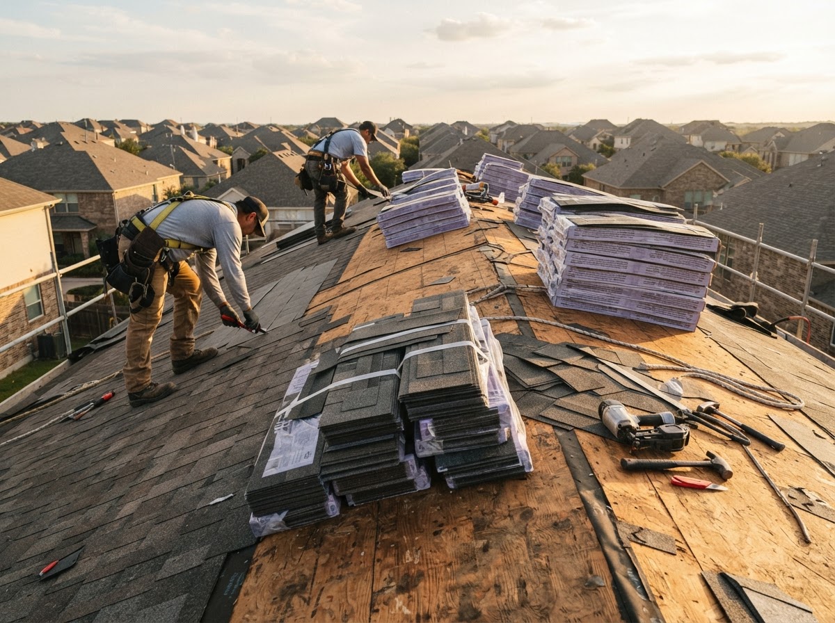 A re-roof staging area with new shingle bundles stacked on the deck ready for installation
