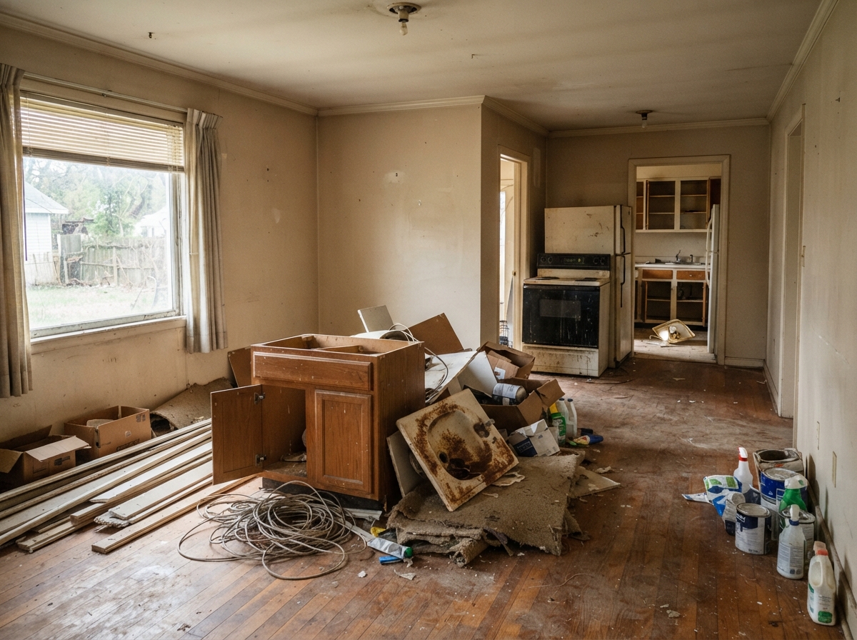 A bank-owned property being cleared with debris and old fixtures staged for disposal
