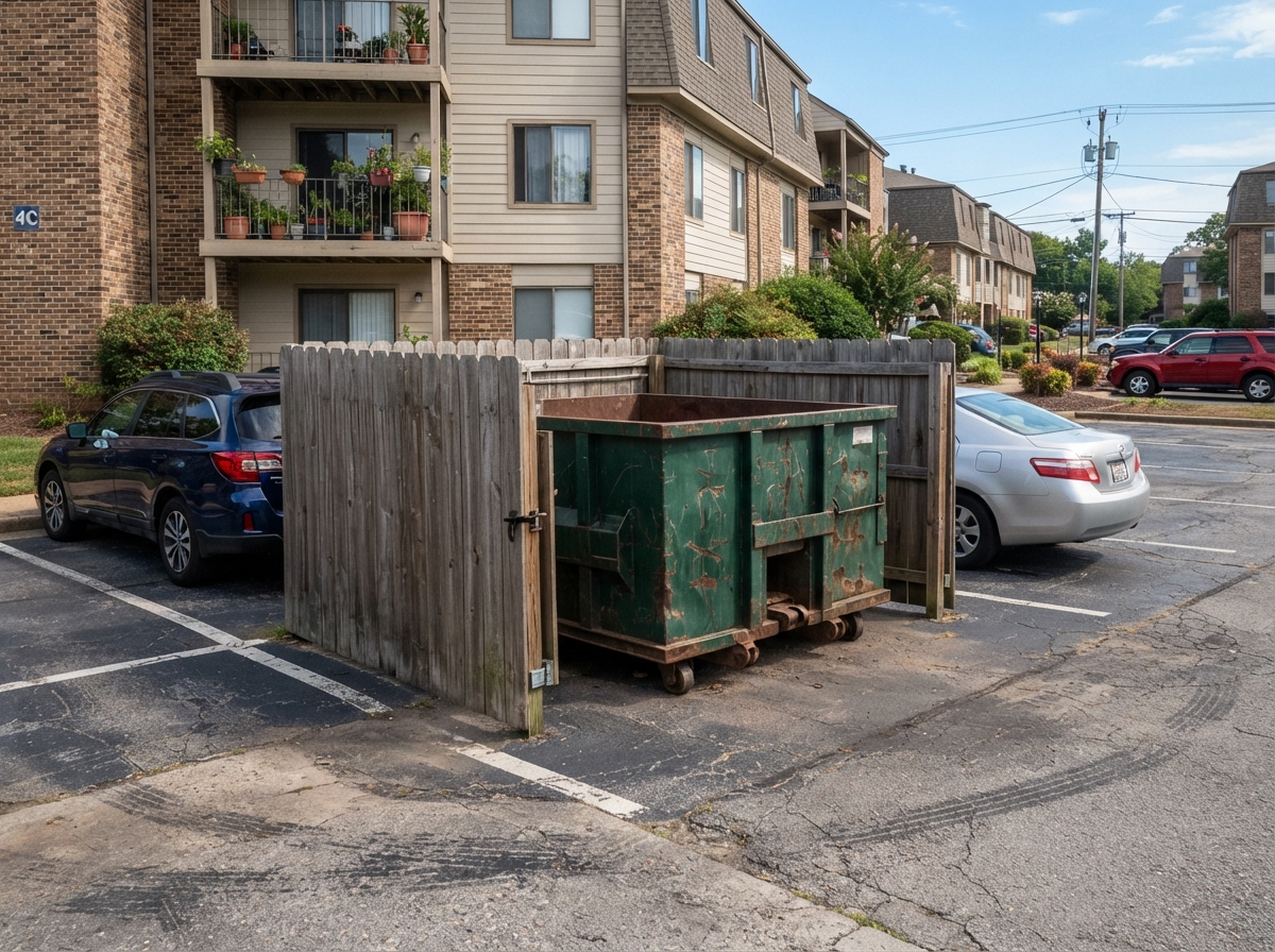A 20-yard roll-off dumpster container on a compact apartment community parking lot