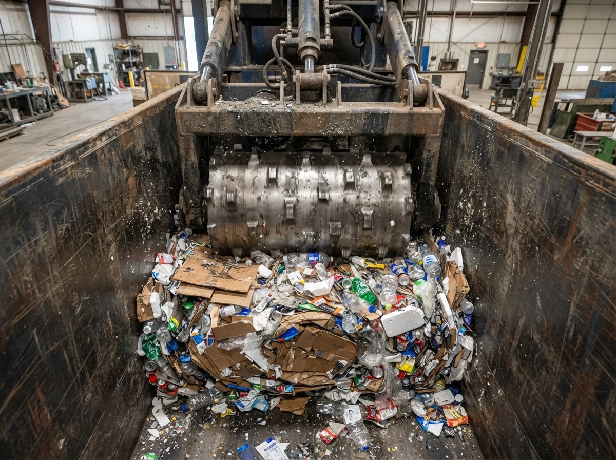 Compaction drum pressing a mixed packaging load, shot from the container rim