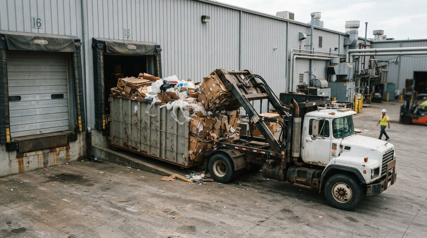 A mobile compaction unit working a packaging-heavy roll-off container between dock doors