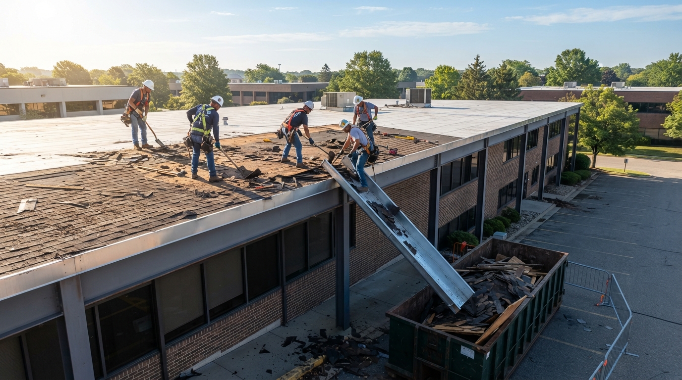 Roofing tear-off in progress with a roll-off dumpster container positioned below the roof edge