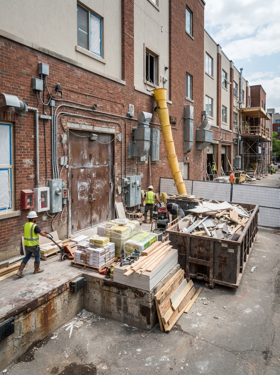 A multi-tenant renovation with debris staged at the service door